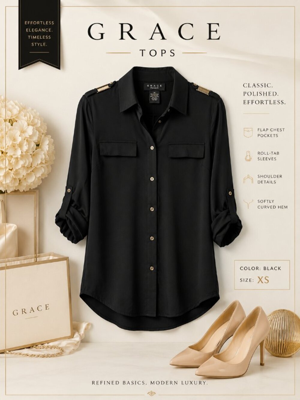 Grace Black Satin Button Down Top Size XS NWT Classic Collared Blouse